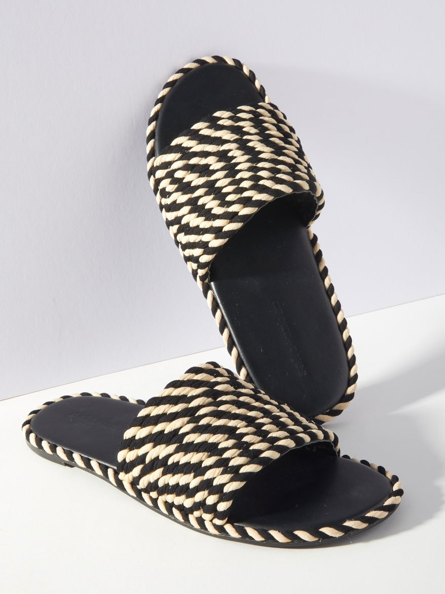SUNSHINE-BLACK WHITE vegan rope footbed slide sandal