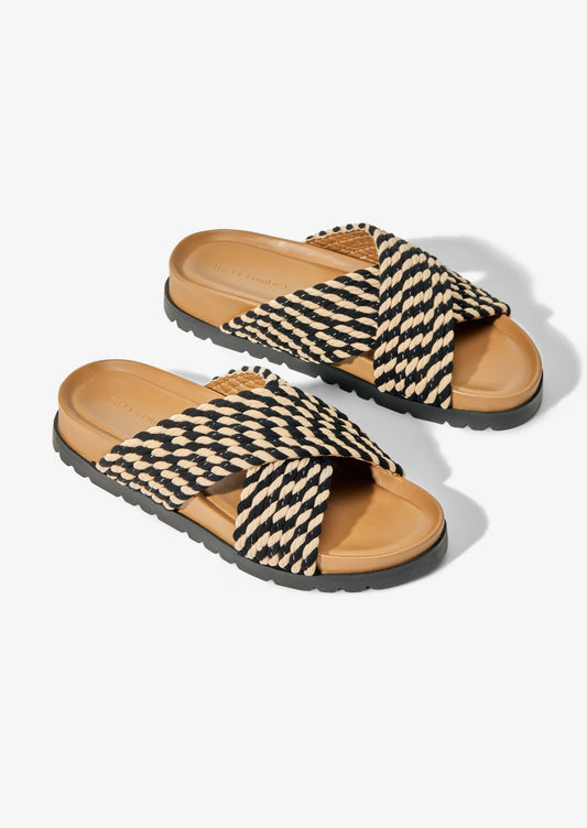 SOLANA-BLACK/WHITE MULTI vegan rope cross band slide platform sandal
