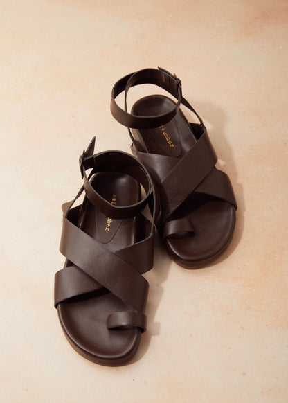 CAMILLA-BROWN toe loop ankle strap leather footbed sandal