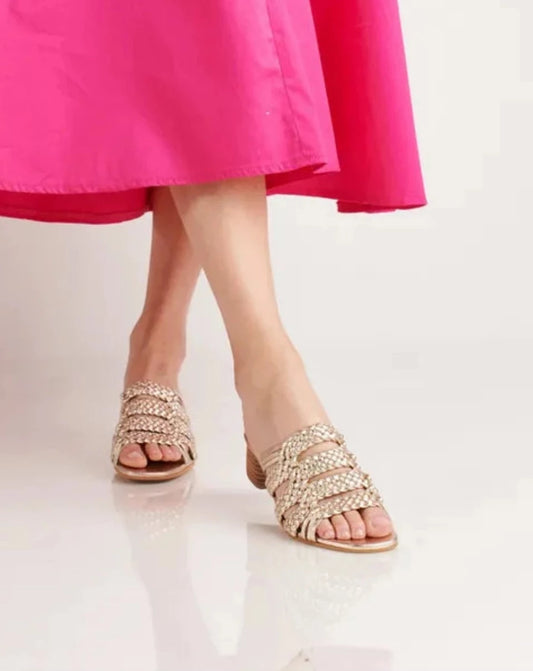RIVIERA - GOLD leather woven geometric block heel sandals