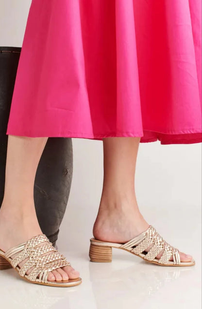 RIVIERA - GOLD leather woven geometric block heel sandals