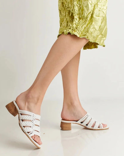 RIVIERA - WHITE leather woven geometric block heel sandals