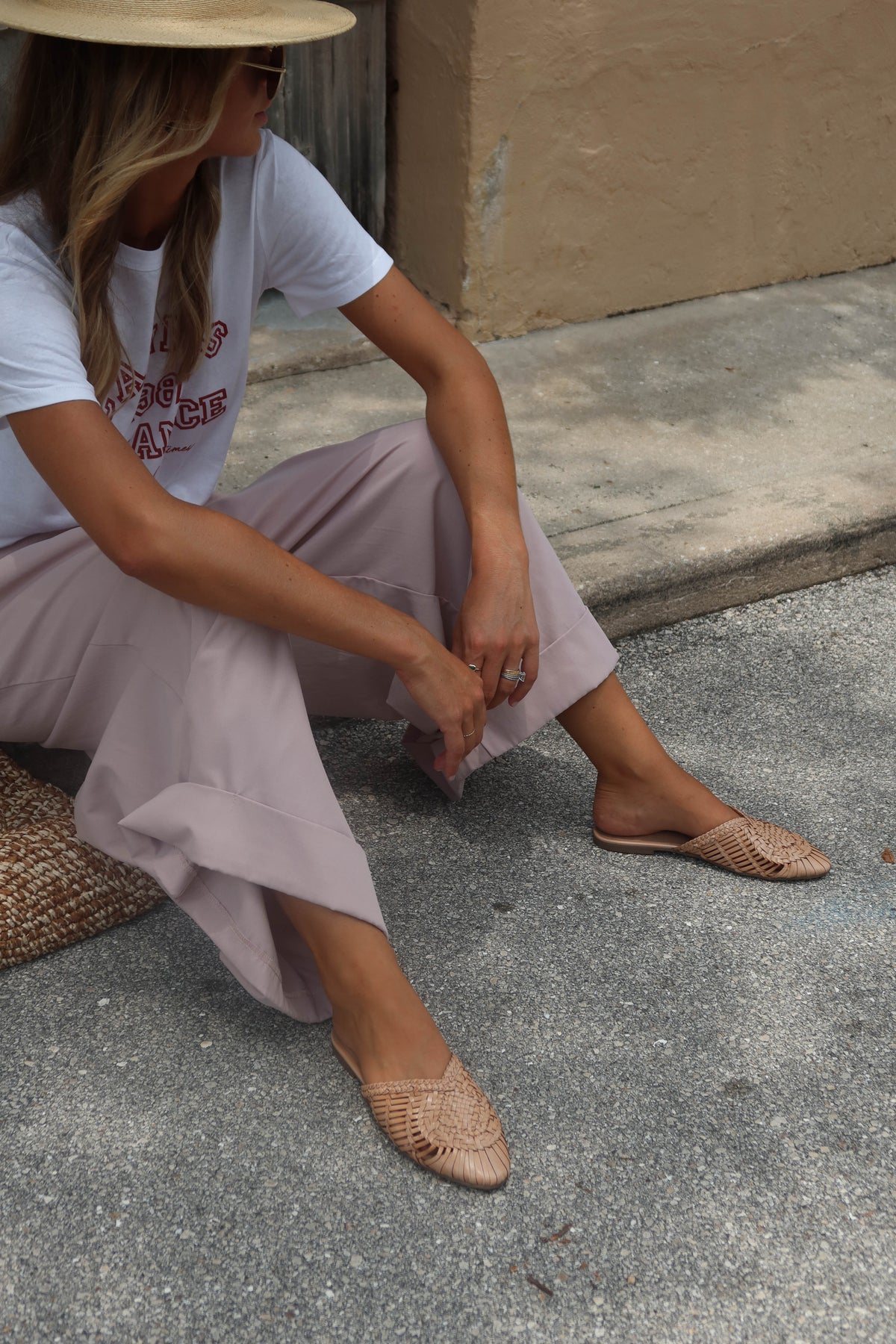 ARI - VINTAGE PINK basketweave leather mules