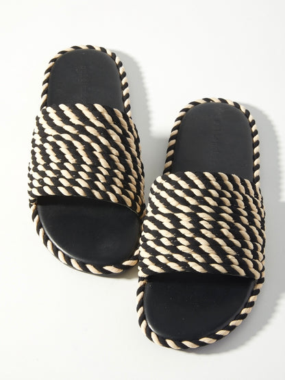 SUNSHINE-BLACK WHITE vegan rope footbed slide sandal