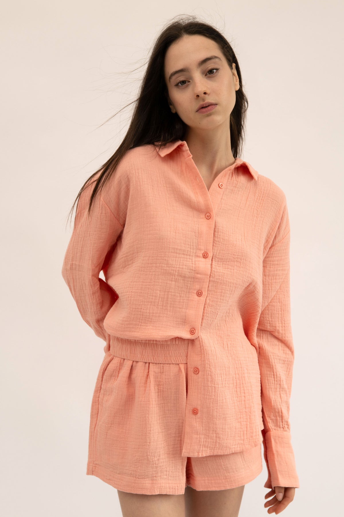 MAUI - CORAL LONG SLEEVE BUTTON DOWN TOP