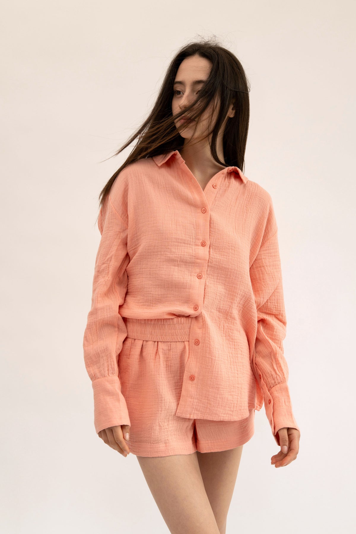 MAUI - CORAL LONG SLEEVE BUTTON DOWN TOP