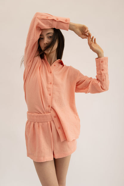 MAUI - CORAL LONG SLEEVE BUTTON DOWN TOP