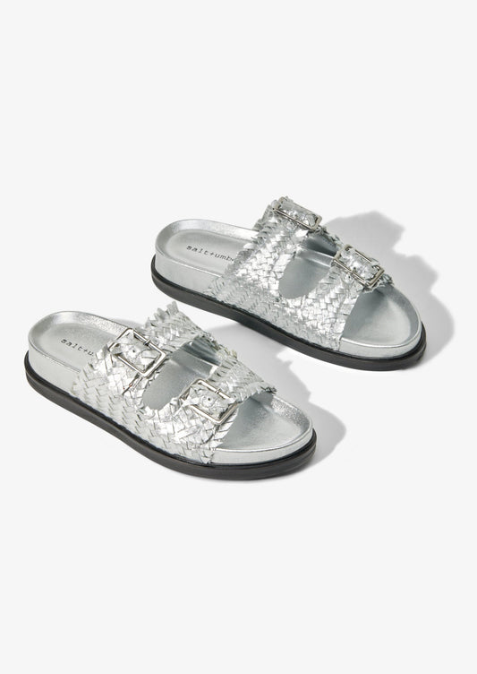 SANTIAG0 - SILVER metallic woven leather footbed buckle slide