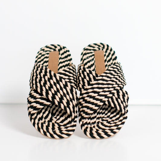 SARAYA - BLACK/WHITE MULTI vegan rope cross band slide sandal