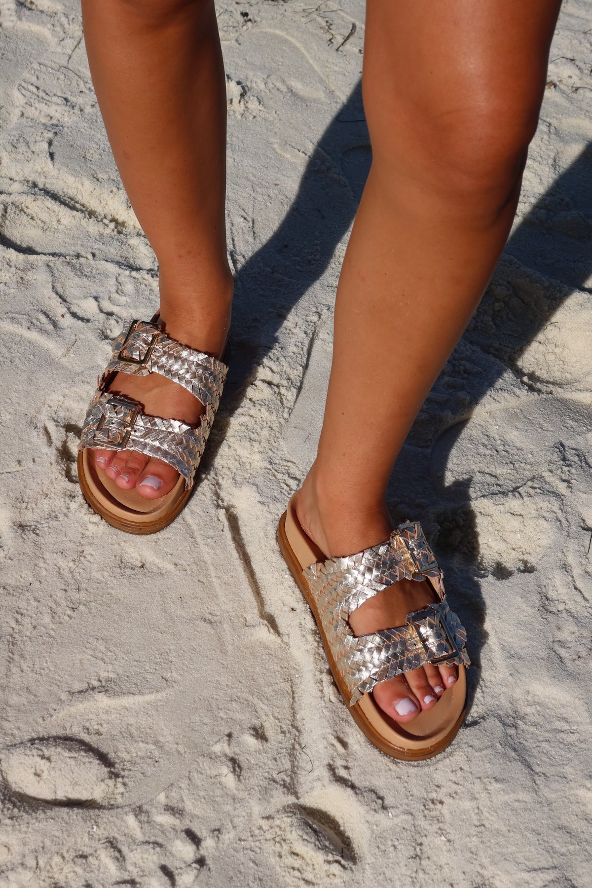 SANTIAG0 - GOLD metallic woven leather footbed buckle slide