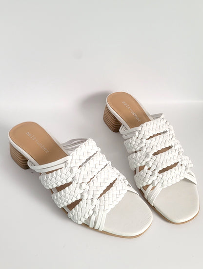 RIVIERA - WHITE leather woven geometric block heel sandals