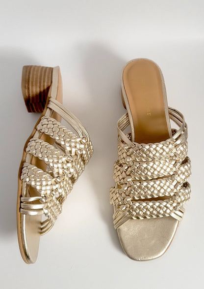 RIVIERA - GOLD leather woven geometric block heel sandals